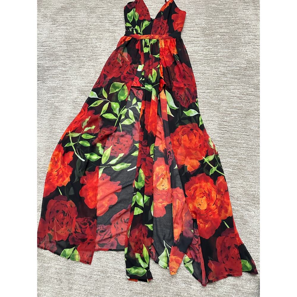 Bebe Romper Maxi Dress Womens 0 Red Black Floral Deep V Neck Slits - Picture 4 of 15